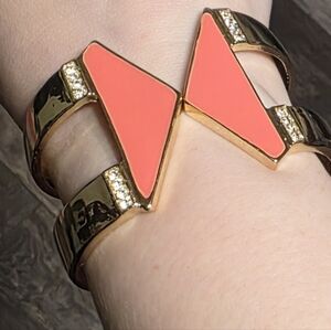 Bold VTG Style Geometric Enamel Hinged Cuff Bracelet - Coral/Orange & Rhinestone